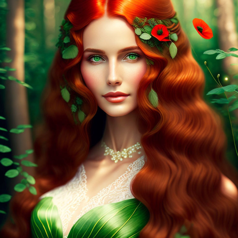 Woman with Red Hair and Floral Crown in Forest Scene