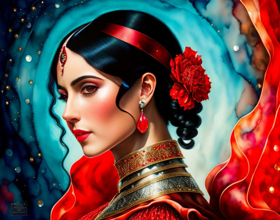 Digital art portrait featuring woman in ornate red headband, flower, flowing garb, gold jewelry