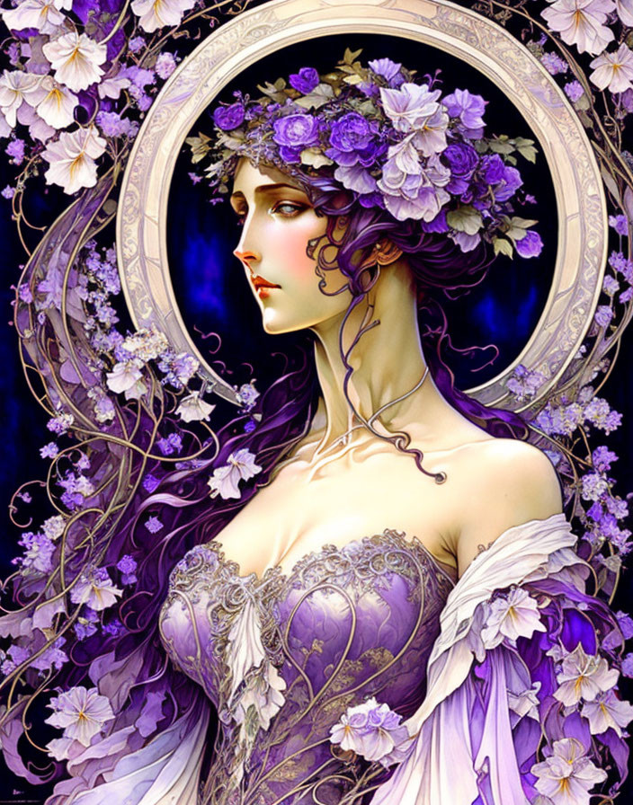Illustrated portrait of a woman with purple floral hair, floral dress, on dark background.
