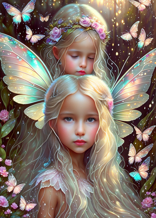 Ethereal fairy girls with delicate wings, butterflies, and flowers.