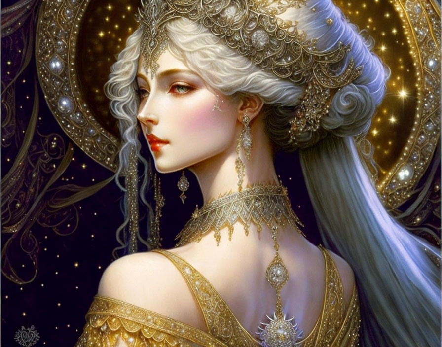 Illustrated portrait of woman with golden jewelry against starry backdrop