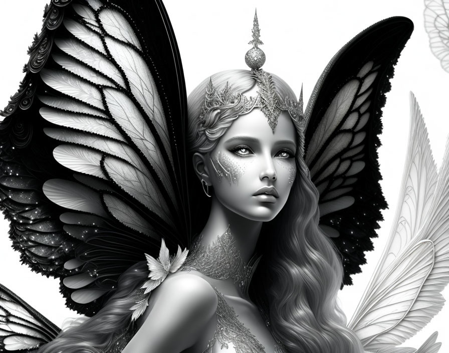 Monochromatic fantasy female figure with butterfly wings and ornate jewelry.