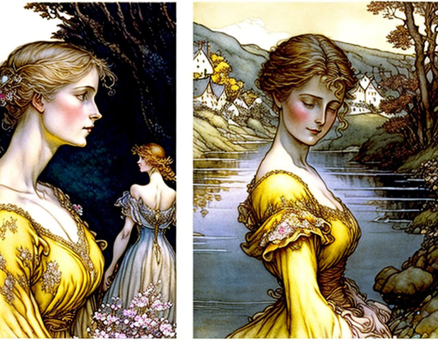 Detailed illustration of two women in elegant dresses against serene village and river backdrop