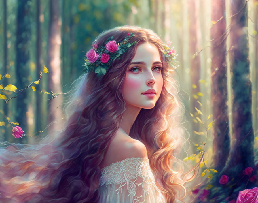 Curly-haired woman with floral wreath in sunlit forest