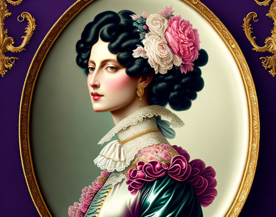 Classic portrait style digital artwork of woman with pink flowers, ruffled collar, and green dress