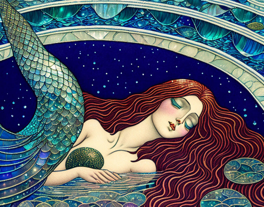 Illustrated mermaid with red hair and shimmering tail in deep blue ocean setting