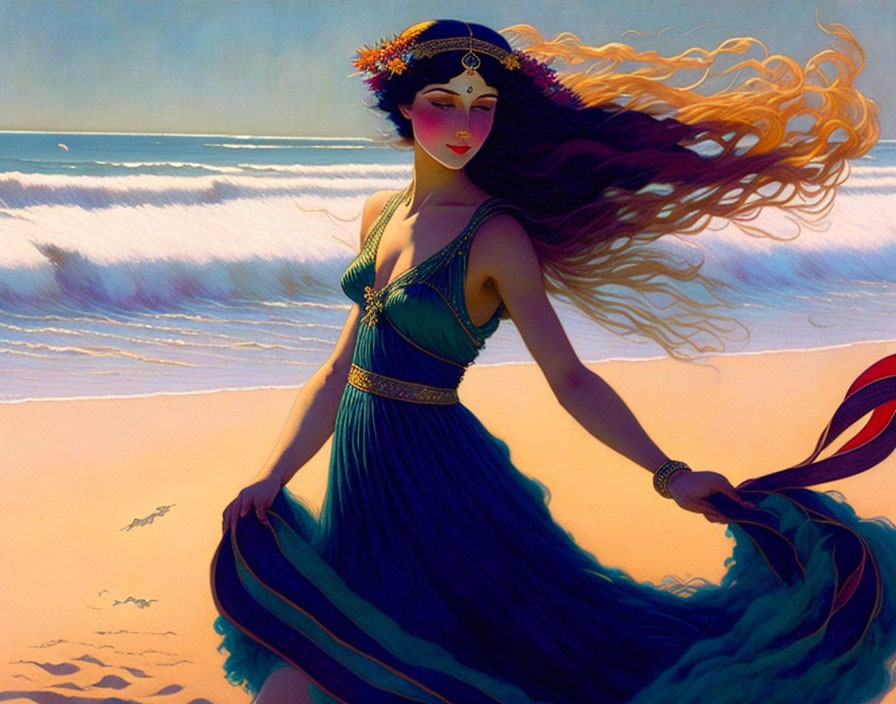 Woman in Blue Dress with Flower Headband by the Sea