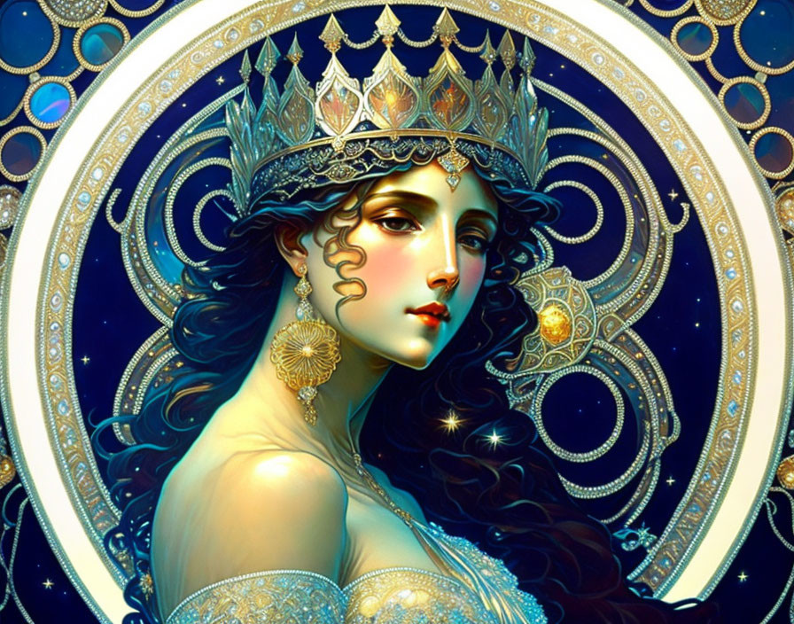 Regal Queen Illustration with Crown and Celestial Motifs