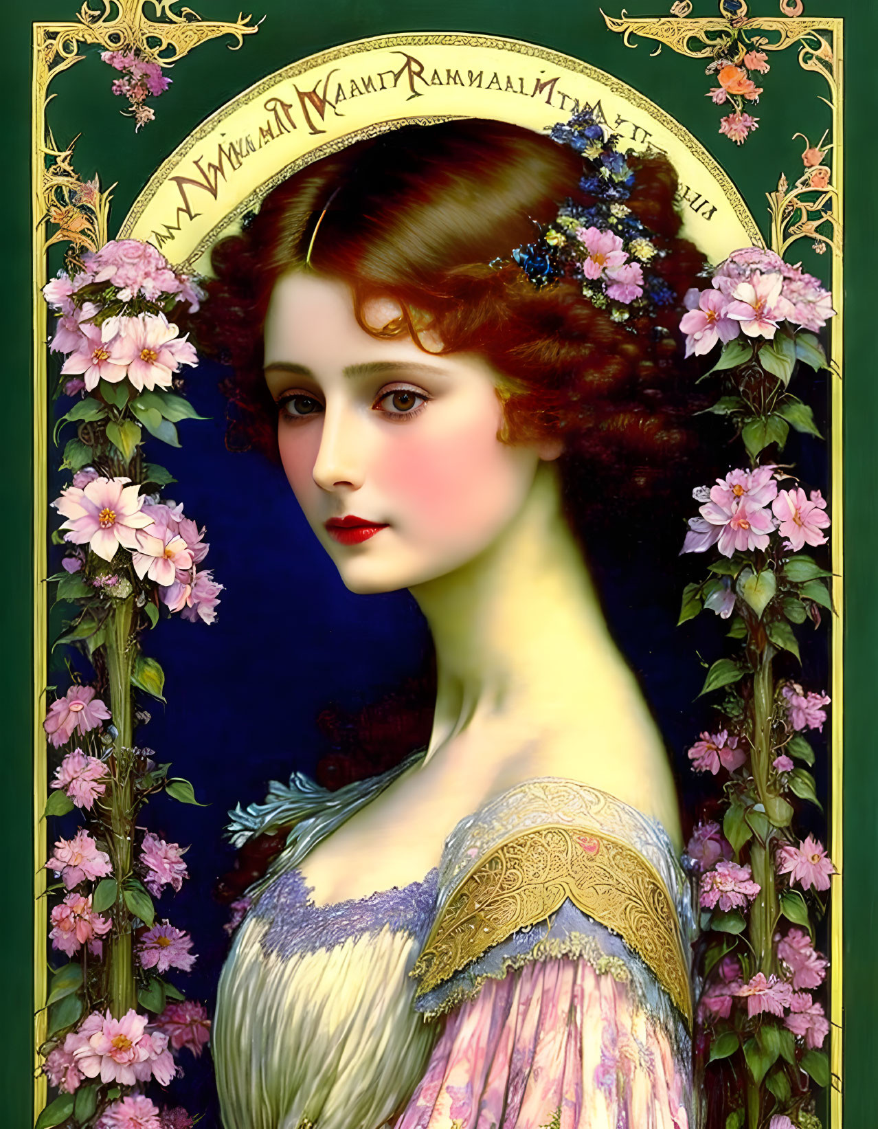 Woman portrait in Art Nouveau style with flowing hair and floral motifs.