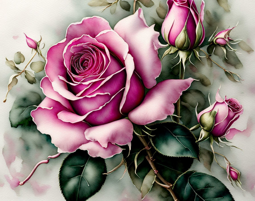 Realistic Illustration of Vibrant Pink Roses on Watercolor Background