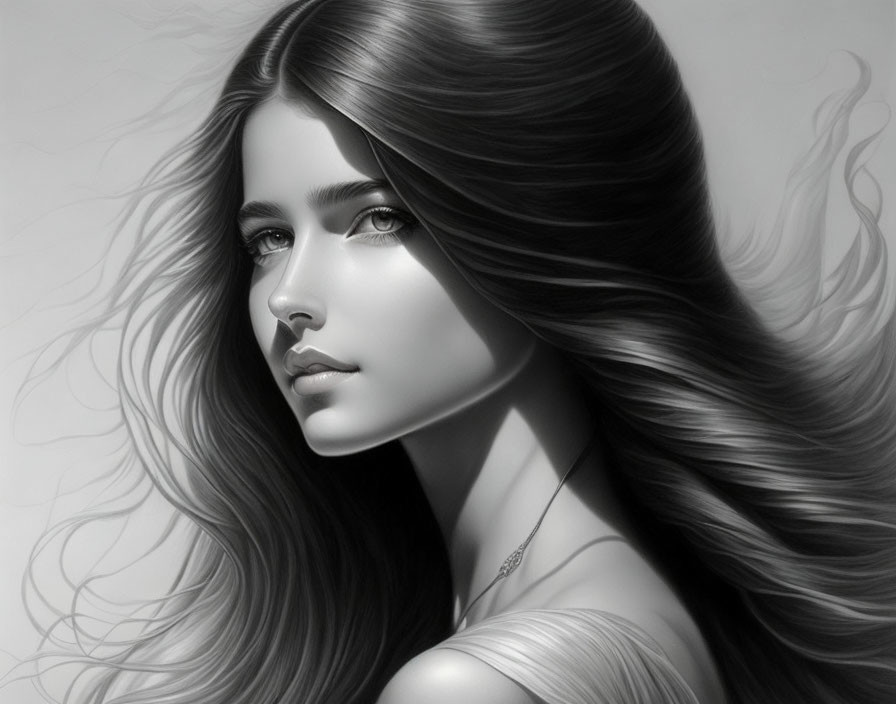 Monochrome drawing of a woman with flowing hair and serene gaze