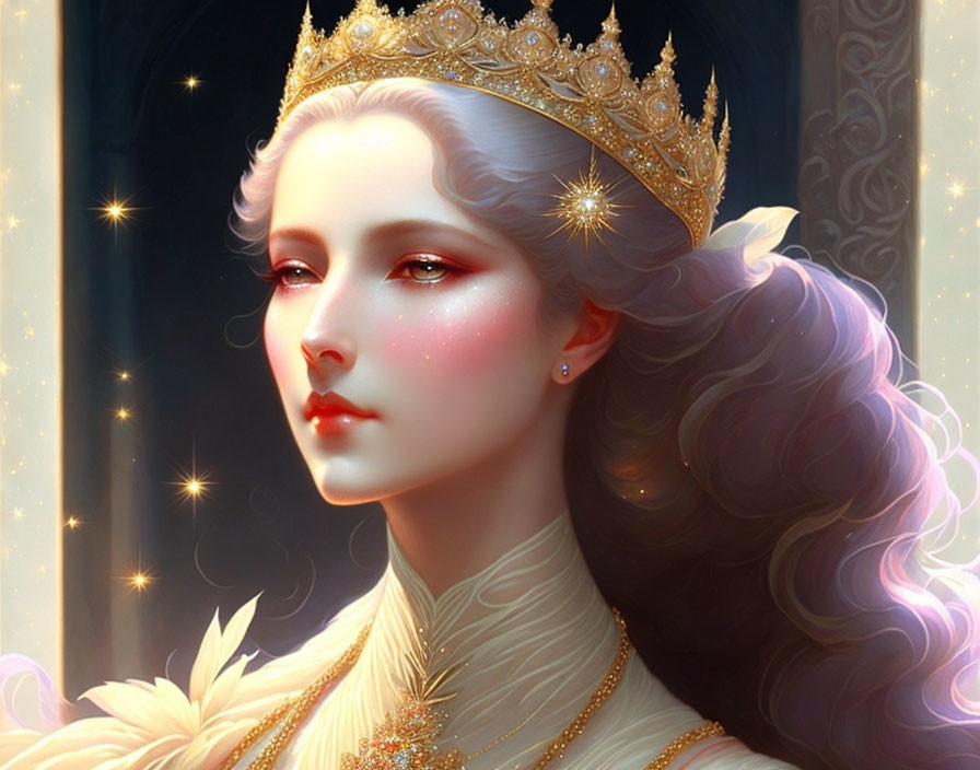 Regal woman portrait with crown, stars, golden attire, flowing hair