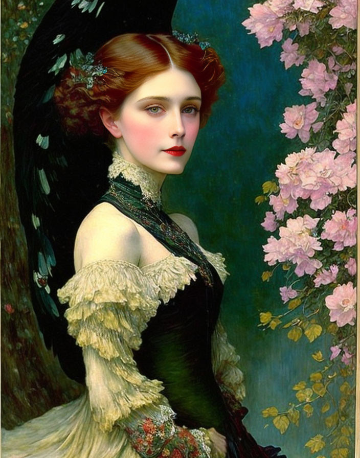 Victorian woman with red hair in black dress near pink flowers