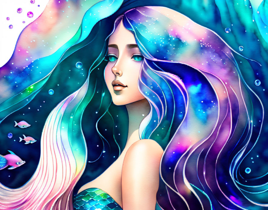 Vibrant illustration: woman with flowing hair, underwater, fish, cosmic elements