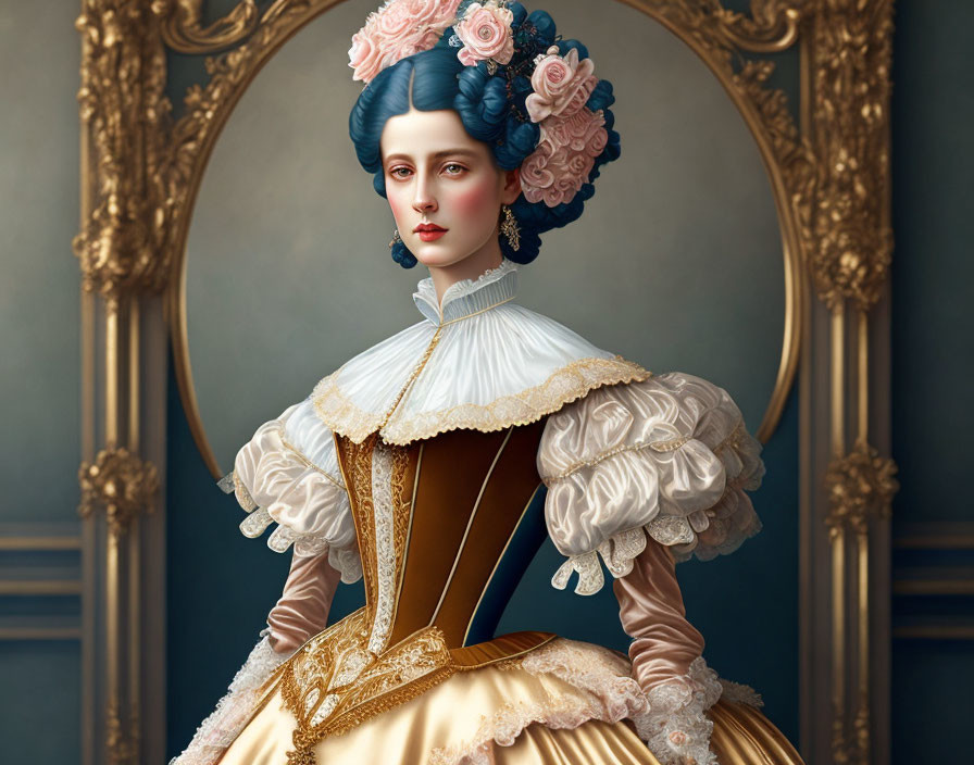 Stylized portrait of a woman in ornate 18th-century dress