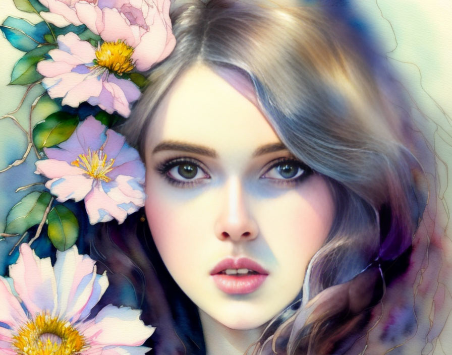 Young woman with blue eyes in pink flower fantasy scene