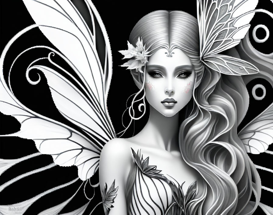 Detailed Monochrome Illustration of Woman with Butterfly Wings and Fantasy Makeup