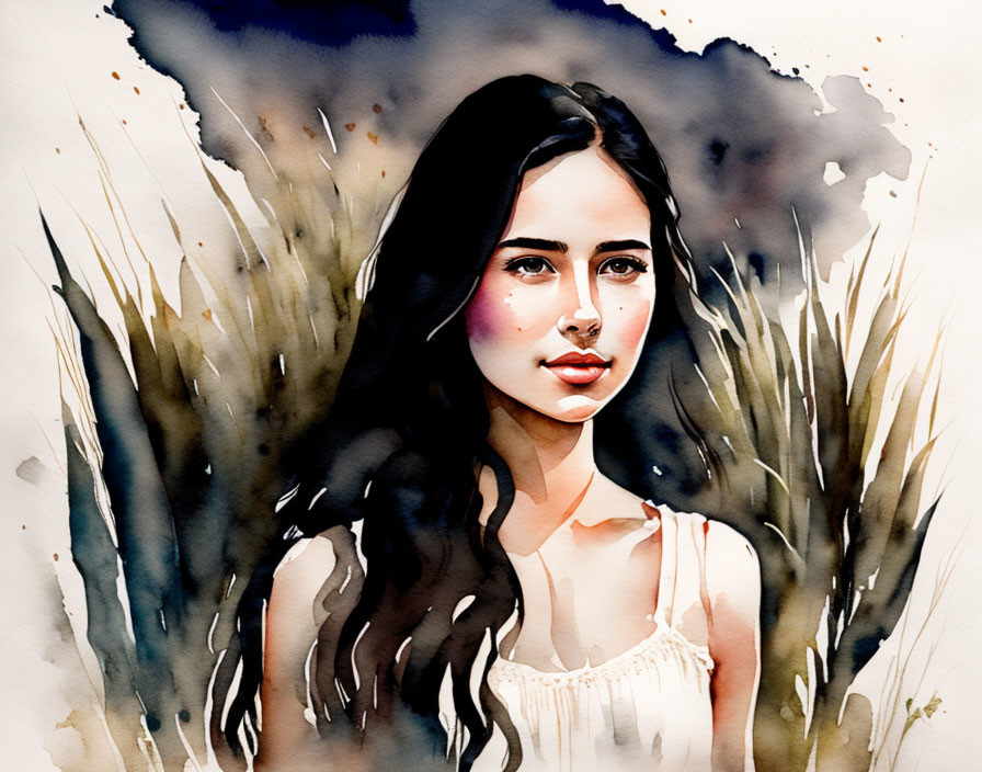 Dark-haired woman in field watercolor painting with blurred nature background