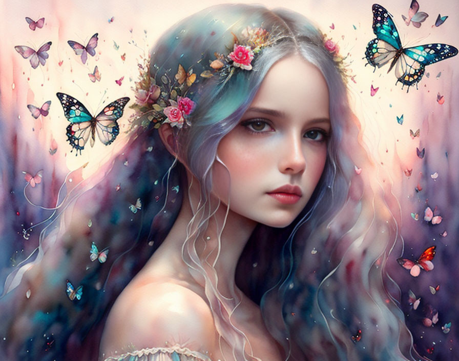 Ethereal young woman with flowers and butterflies on dreamy background