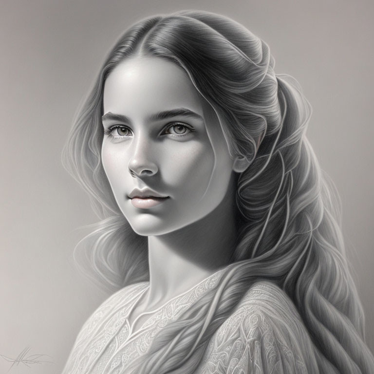 Monochrome digital portrait of a young woman with long wavy hair and intricate clothing details