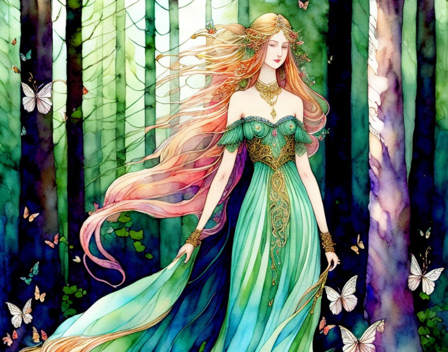 Illustration of woman with colorful flowing hair in forest with butterflies