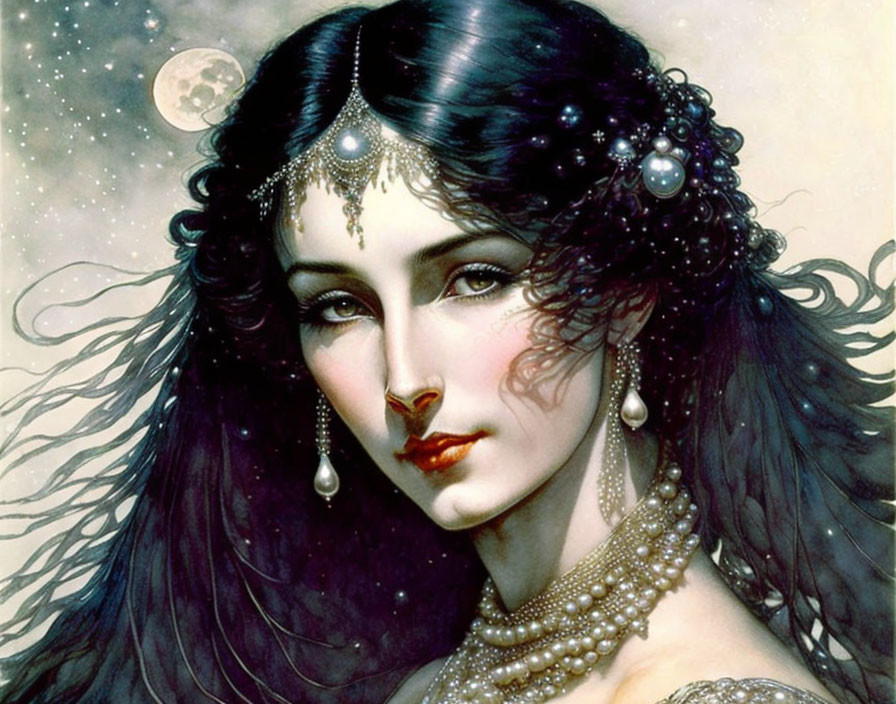 Fantasy portrait of woman with black hair, pearl jewelry, and moon backdrop