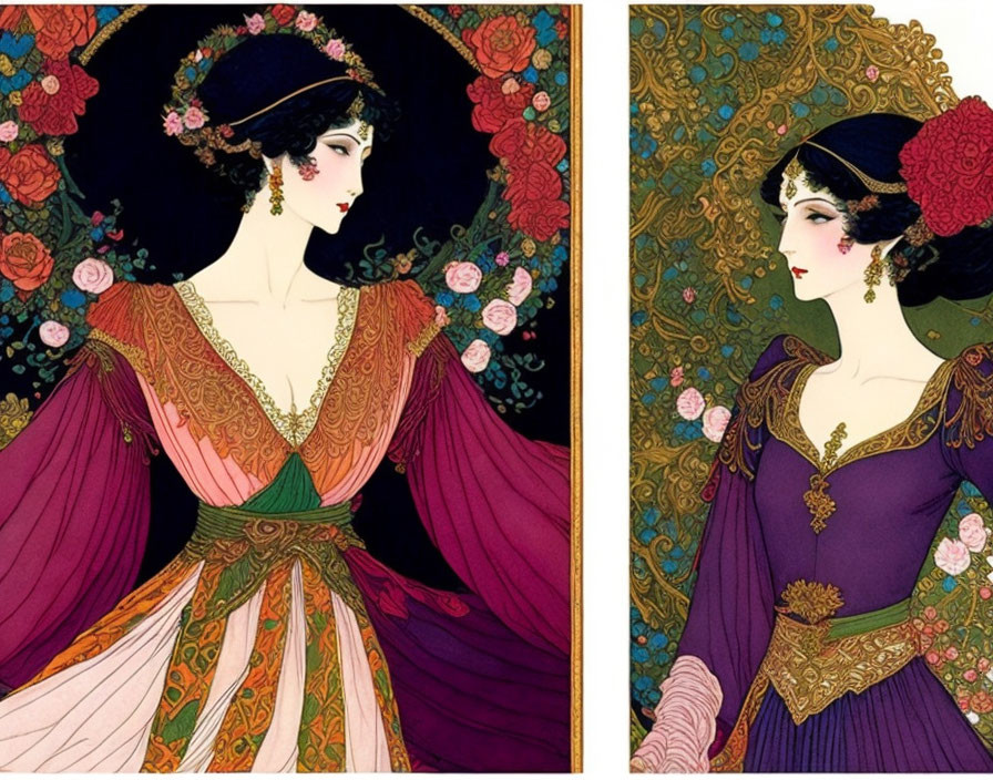 Art Nouveau style illustrations of elegant women in floral backgrounds