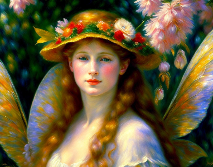 Ethereal female figure with wings in lush garden setting