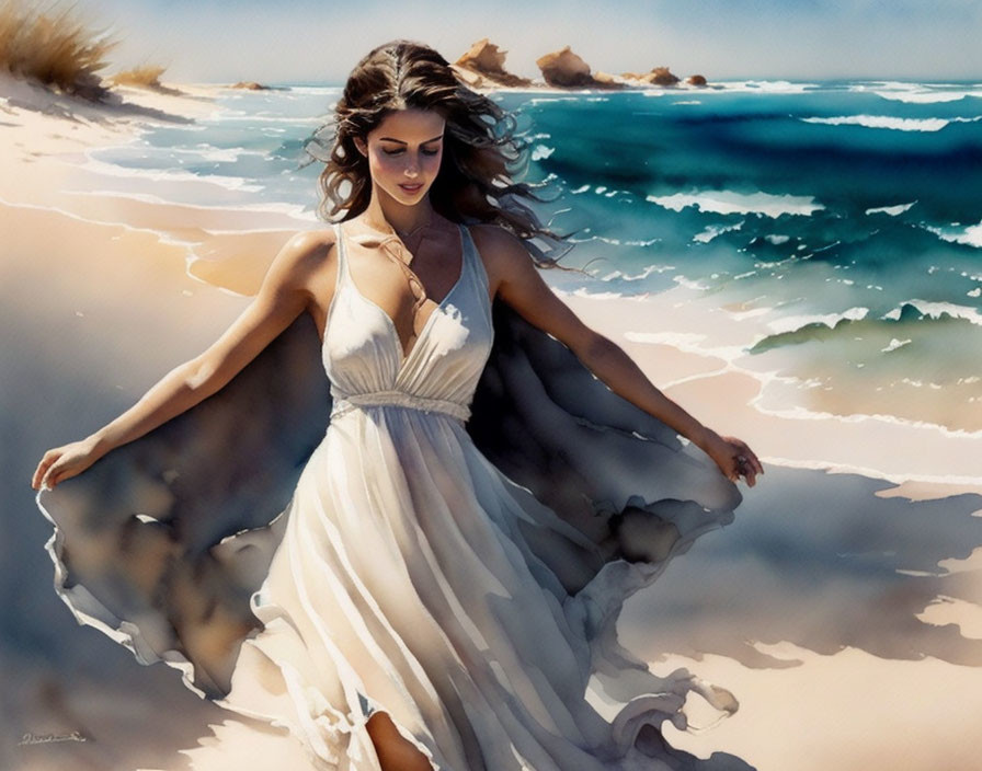 Woman in flowing white dress walking on beach with crashing waves