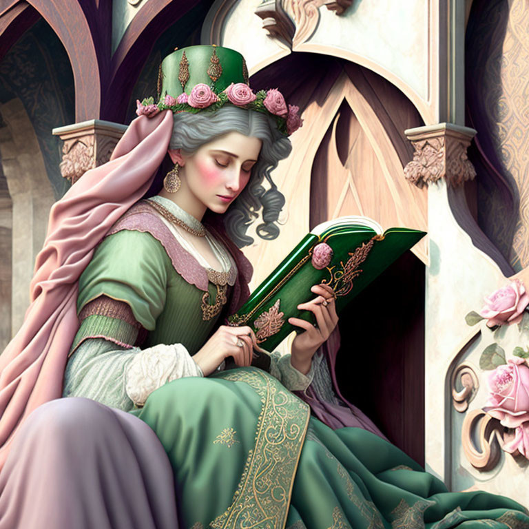 Medieval-style woman in green dress reading book with gothic architecture and roses.