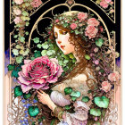 Woman with floral wreath holding rose in Art Nouveau style