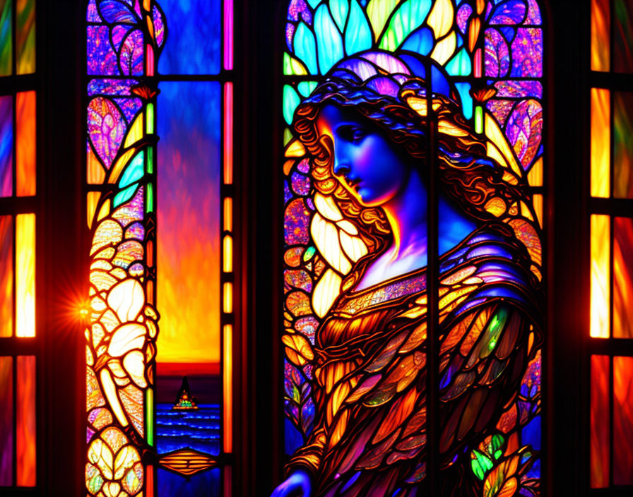 Colorful Angel Stained Glass Window with Ocean Sunset Theme