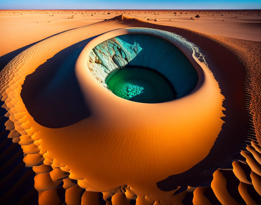 Surreal digitally altered desert landscape with eye-shaped hole and water.