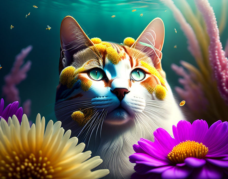 Colorful Cat Illustration with Blue Eyes and Flowers