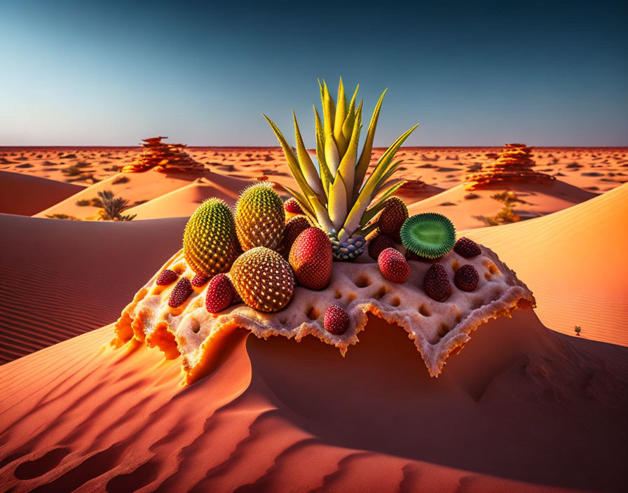 Vibrant cactus-like plants on cracked bread-like desert surface