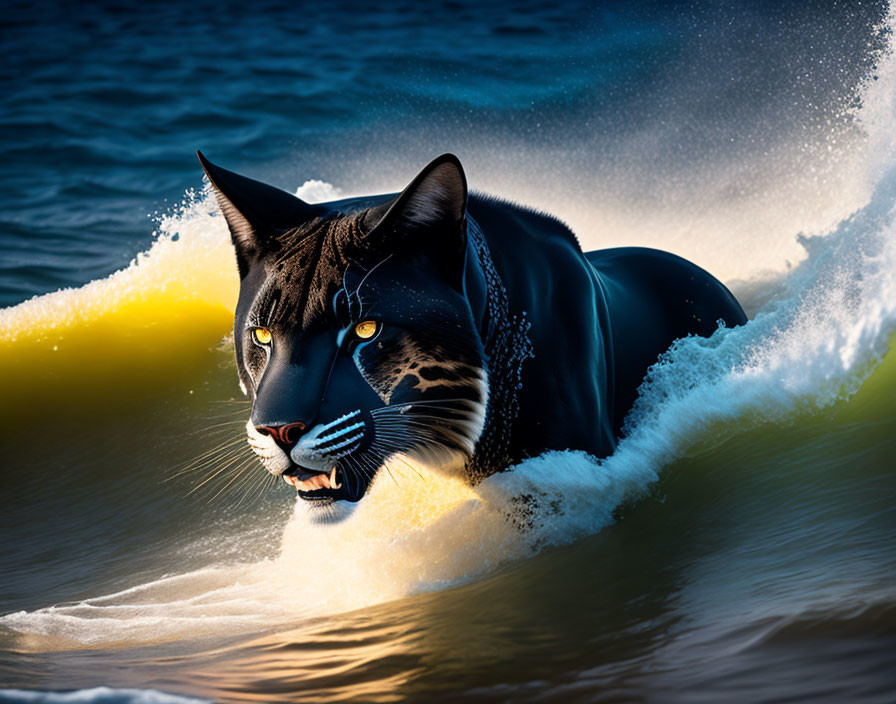 Digital Art: Black Panther with Blue Facial Markings Emerging from Ocean Wave