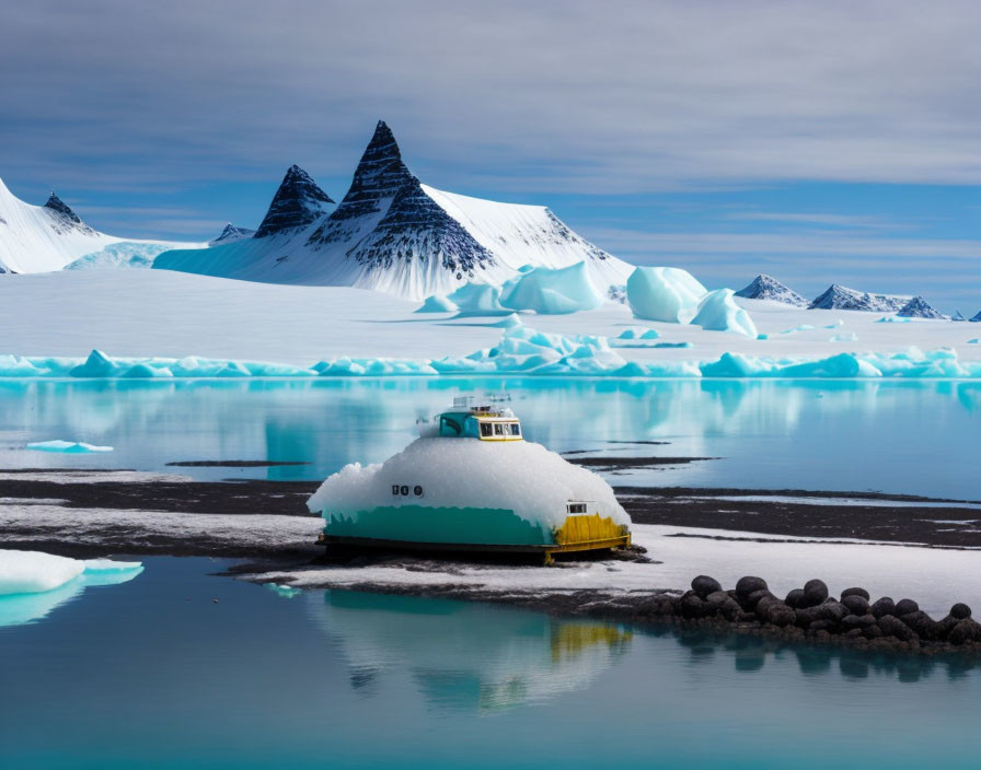 Snow-covered dome hut on icy island with blue waters, icebergs, and sharp mountain peaks.