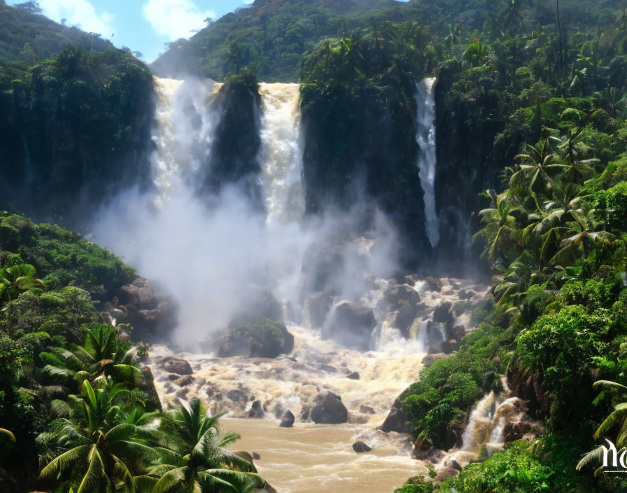 Majestic tropical waterfall in lush greenery