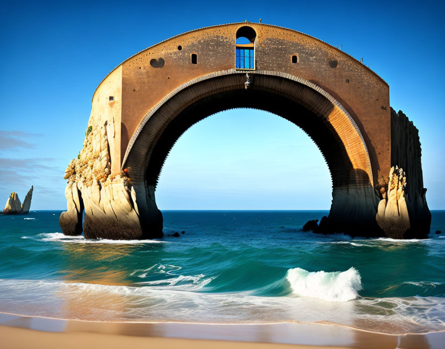 Arched Stone Structure Over Blue Sea and Sandy Beach