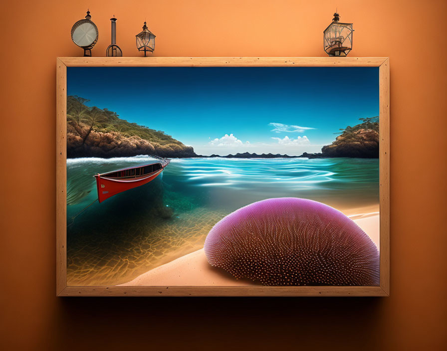 Tranquil beach scene with red boat and sea urchin in wooden frame