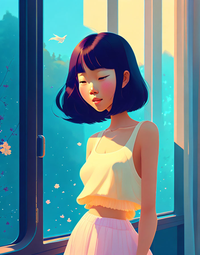 Bob-Haired Girl Looking Out Sunny Window with Flowers and Bird