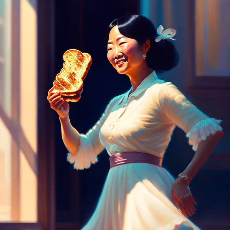 Smiling woman in vintage dress holding toast in sunlight