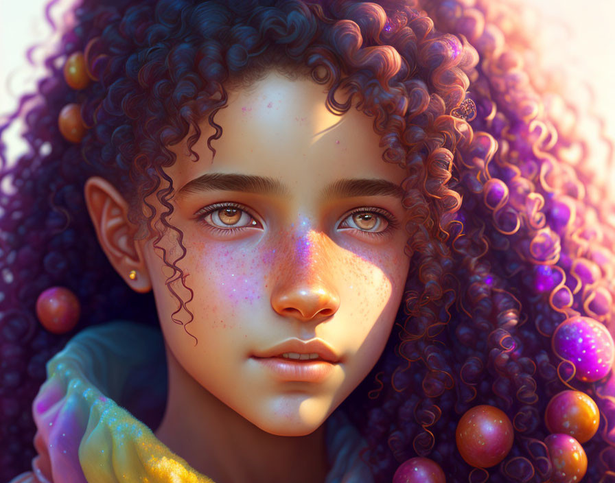 Young person with curly hair and blue eyes in a warm, magical portrait