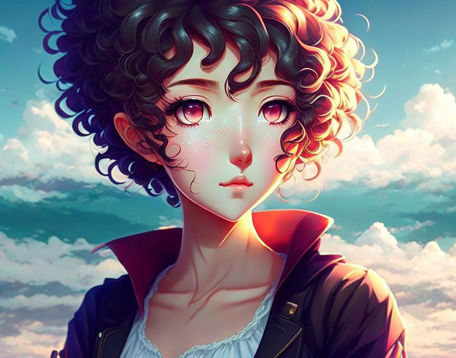 Young woman with curly hair in red jacket against sky backdrop.