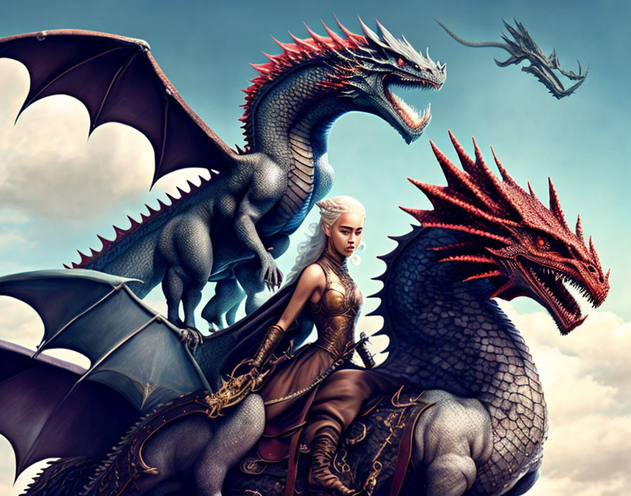 White-Haired Woman in Brown Leather Outfit Riding Black Dragon