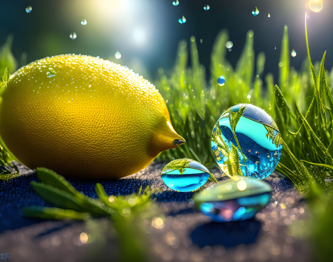 Dew-covered lemon with water droplets on grass against bokeh background