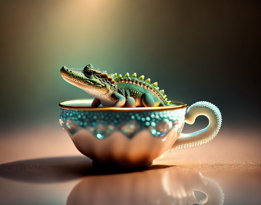 Mini crocodile in teal teacup on warm background