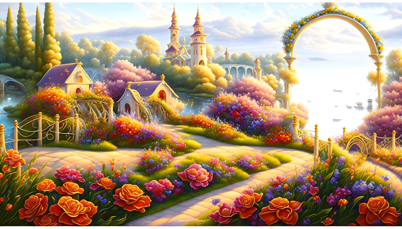 Colorful landscape with floral path, cottages, castle, arch, and sailboats at sunset