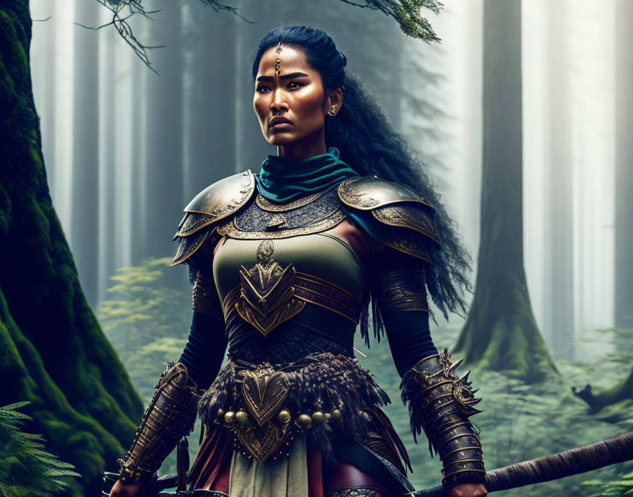 Determined female warrior in detailed armor amidst misty forest