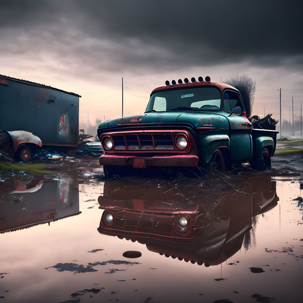 Vintage Turquoise Truck in Rusty Detail Near Puddles on Overcast Day